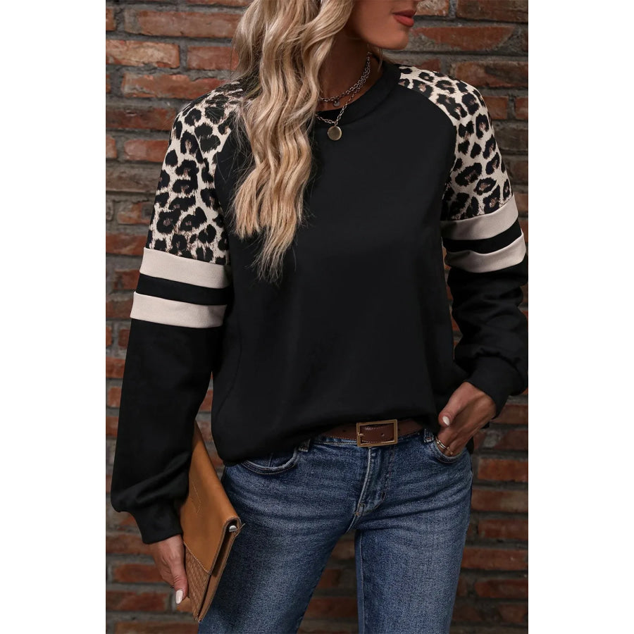 Leopard Round Neck Long Sleeve Sweatshirt Black / XL Apparel and Accessories