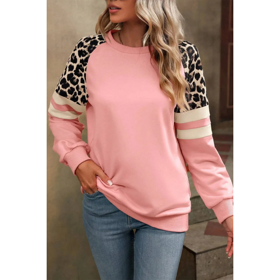 Leopard Round Neck Long Sleeve Sweatshirt Blush Pink / S Apparel and Accessories