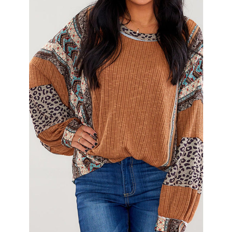 Leopard Round Neck Long Sleeve Sweatshirt Caramel / S Apparel and Accessories