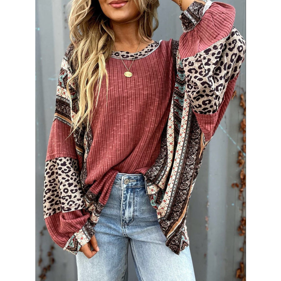 Leopard Round Neck Long Sleeve Sweatshirt Cerise / S Apparel and Accessories