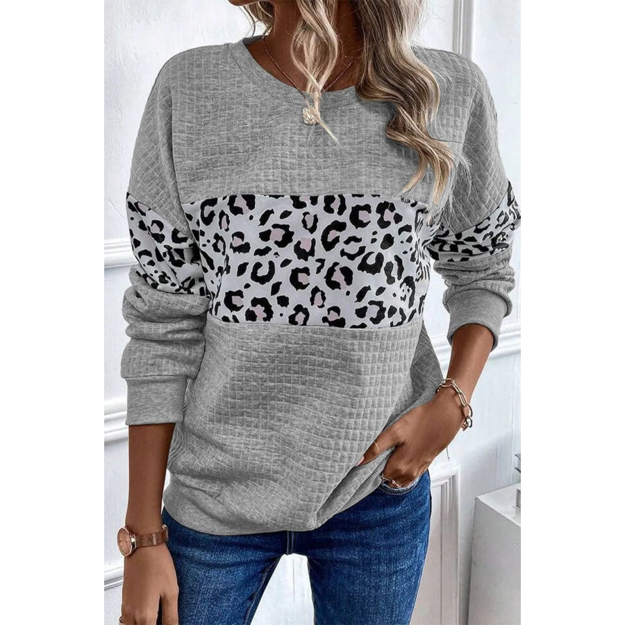 Leopard Round Neck Long Sleeve Sweatshirt Gray / S Apparel and Accessories