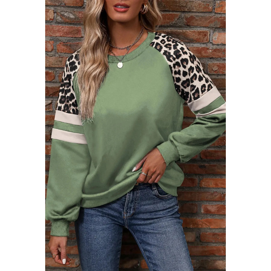 Leopard Round Neck Long Sleeve Sweatshirt Sage / S Apparel and Accessories