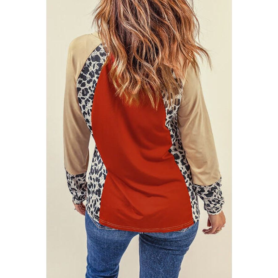 Leopard Round Neck Long Sleeve T-Shirt Red / S Apparel and Accessories