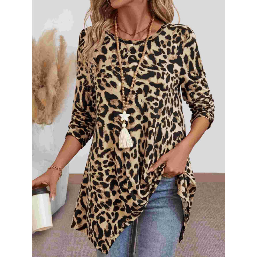 Leopard Round Neck Long Sleeve T-Shirt Apparel and Accessories