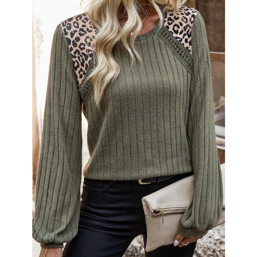 Leopard Round Neck Long Sleeve T-Shirt Apparel and Accessories