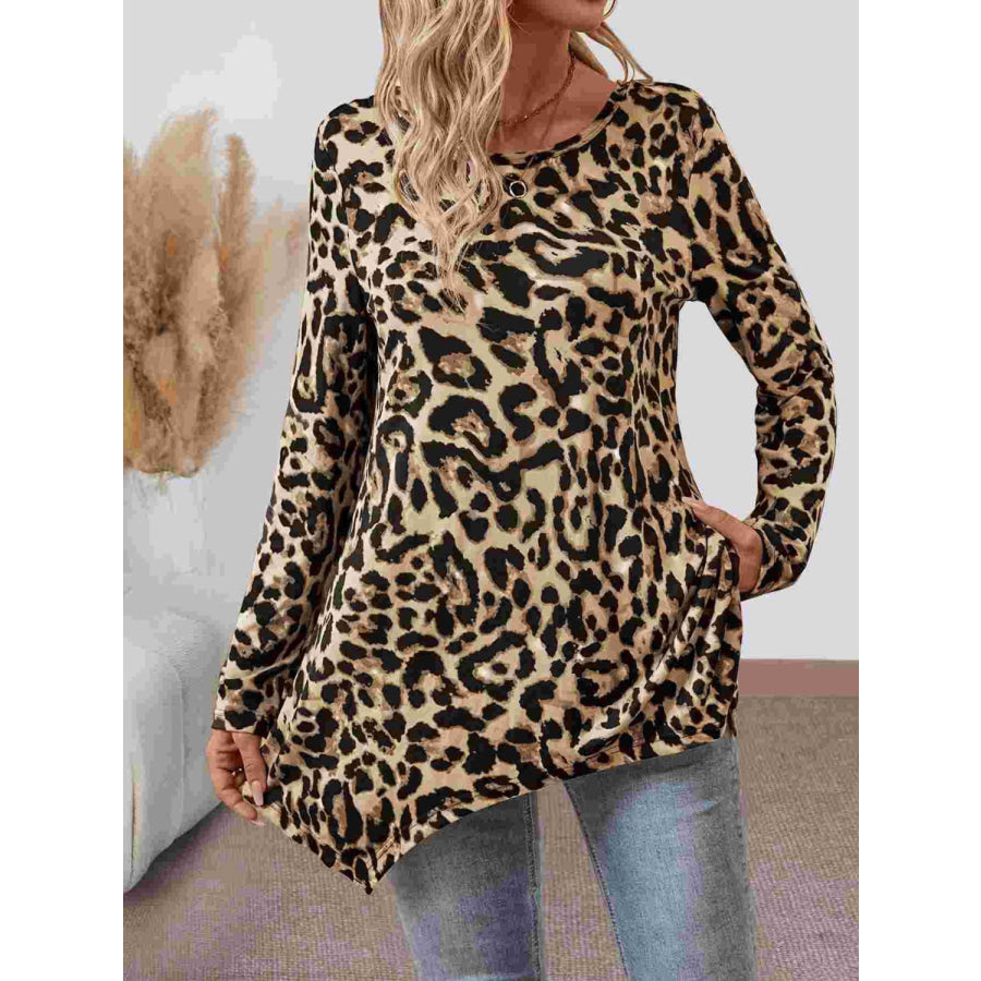 Leopard Round Neck Long Sleeve T-Shirt Apparel and Accessories