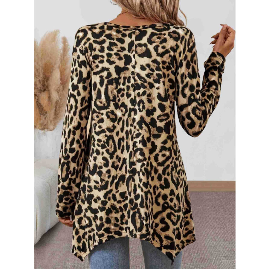 Leopard Round Neck Long Sleeve T-Shirt Apparel and Accessories