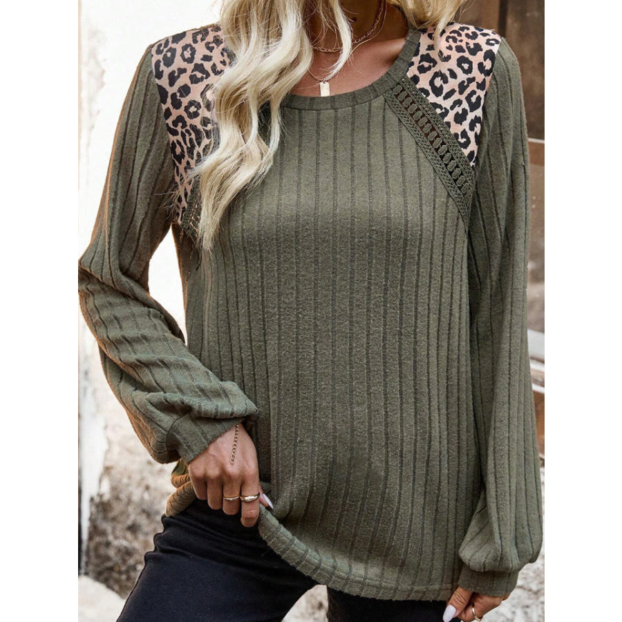 Leopard Round Neck Long Sleeve T-Shirt Apparel and Accessories