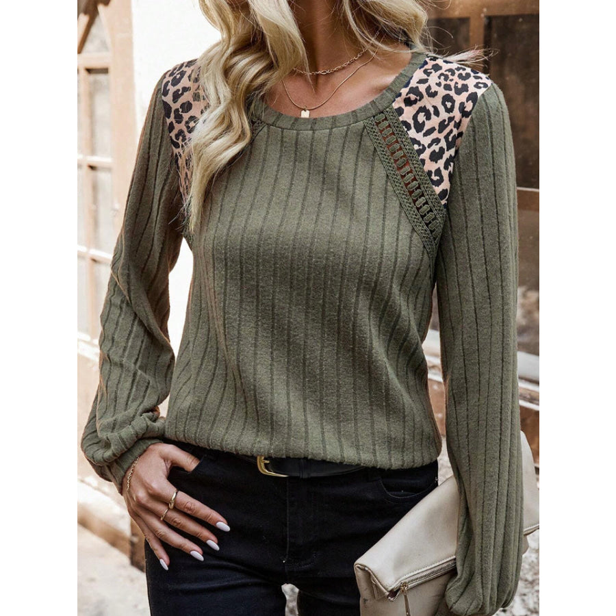 Leopard Round Neck Long Sleeve T-Shirt Army Green / S Apparel and Accessories