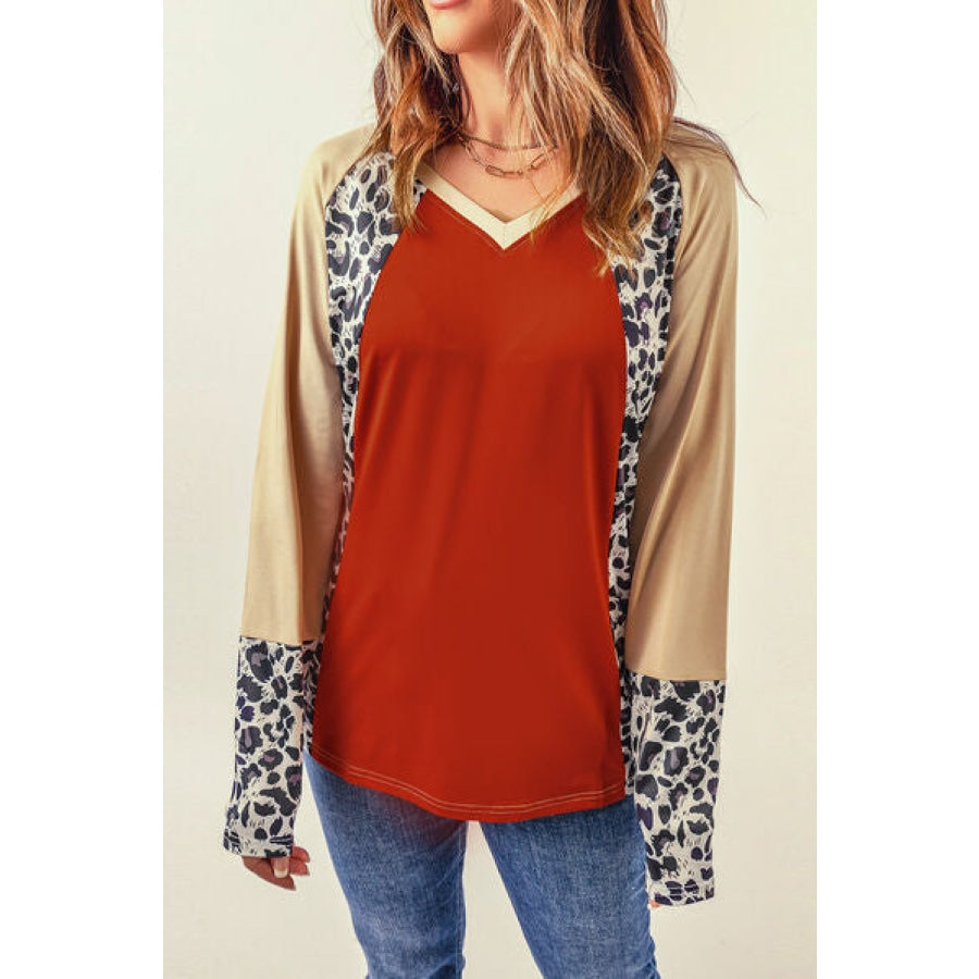 Leopard Round Neck Long Sleeve T-Shirt Red / S Apparel and Accessories