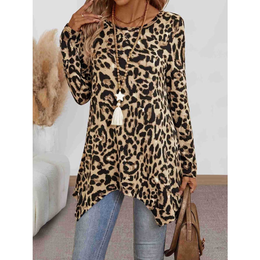 Leopard Round Neck Long Sleeve T-Shirt Leopard / S Apparel and Accessories