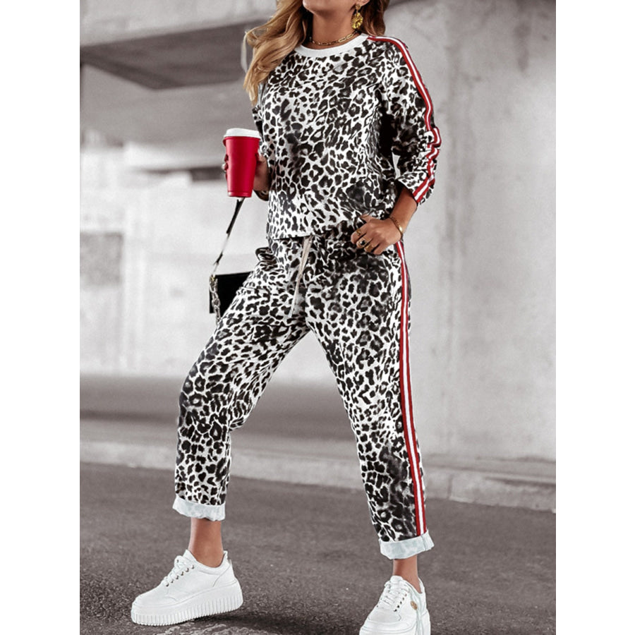 Leopard Round Neck Long Sleeve Top and Pants Set Apparel and Accessories