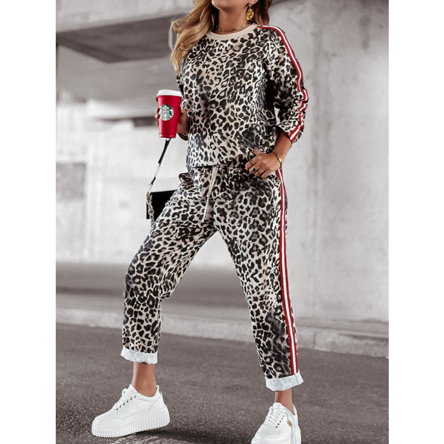 Leopard Round Neck Long Sleeve Top and Pants Set Apparel and Accessories