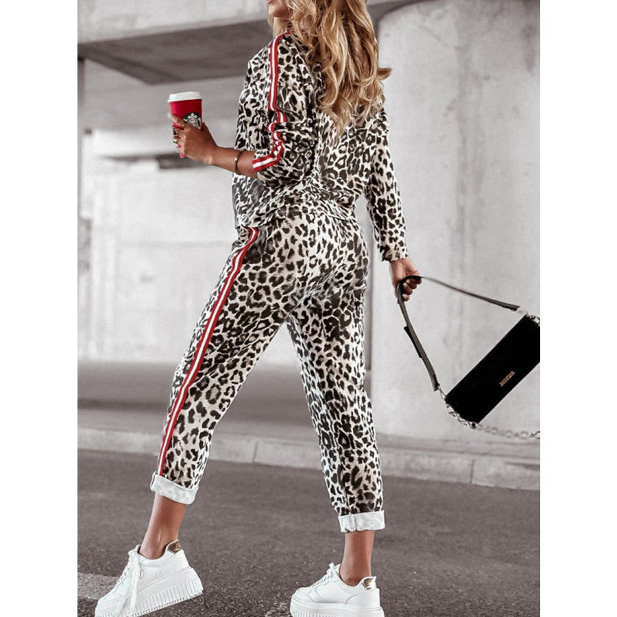 Leopard Round Neck Long Sleeve Top and Pants Set Leopard / S Apparel and Accessories