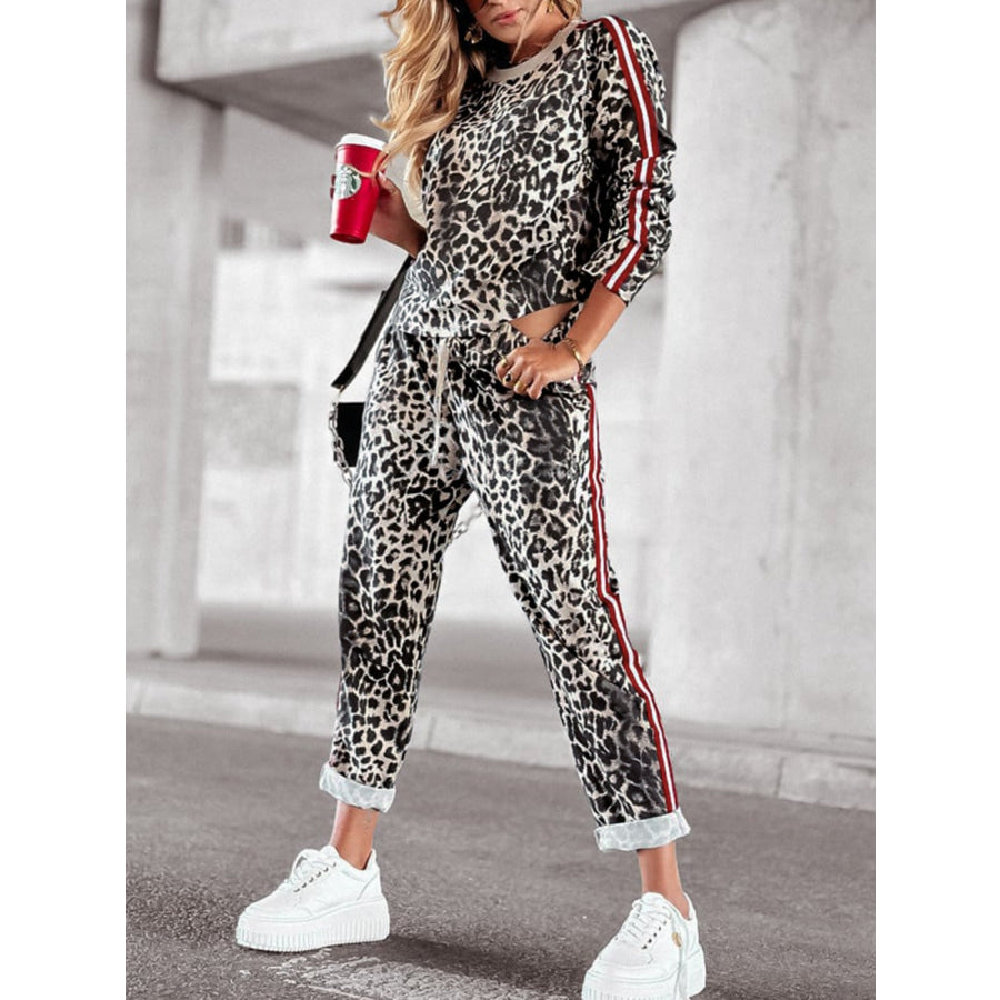 Leopard Round Neck Long Sleeve Top and Pants Set Leopard / S Apparel and Accessories