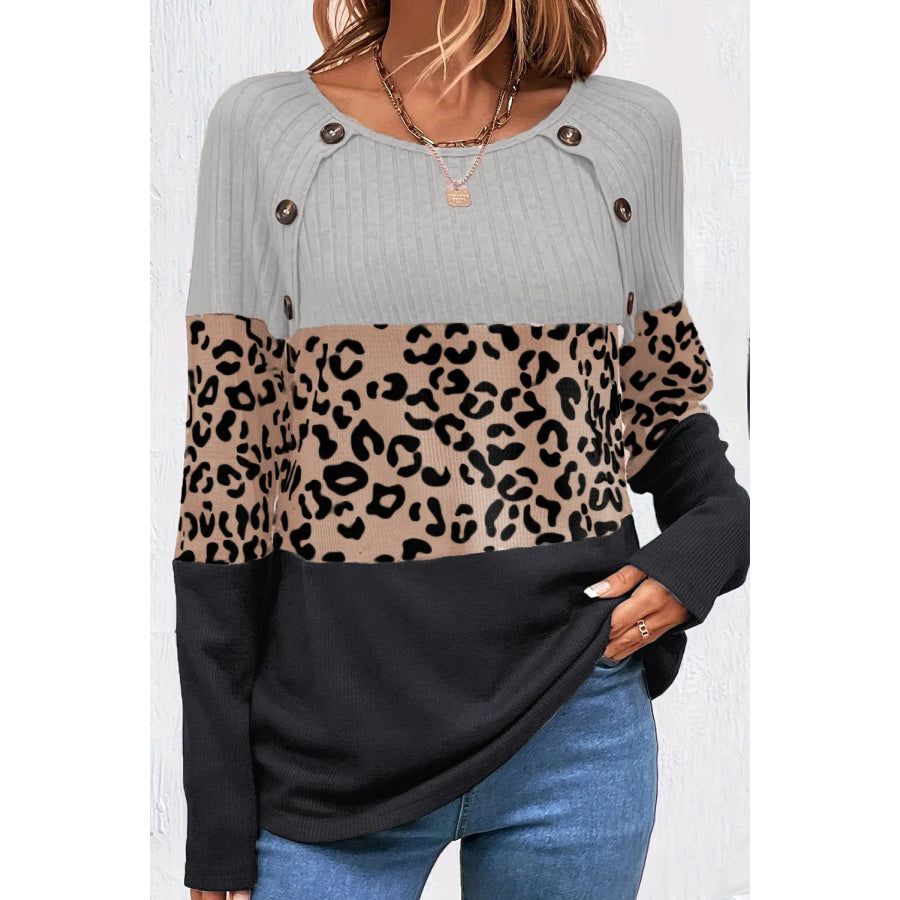 Leopard Round Neck Long Sleeve Top Apparel and Accessories