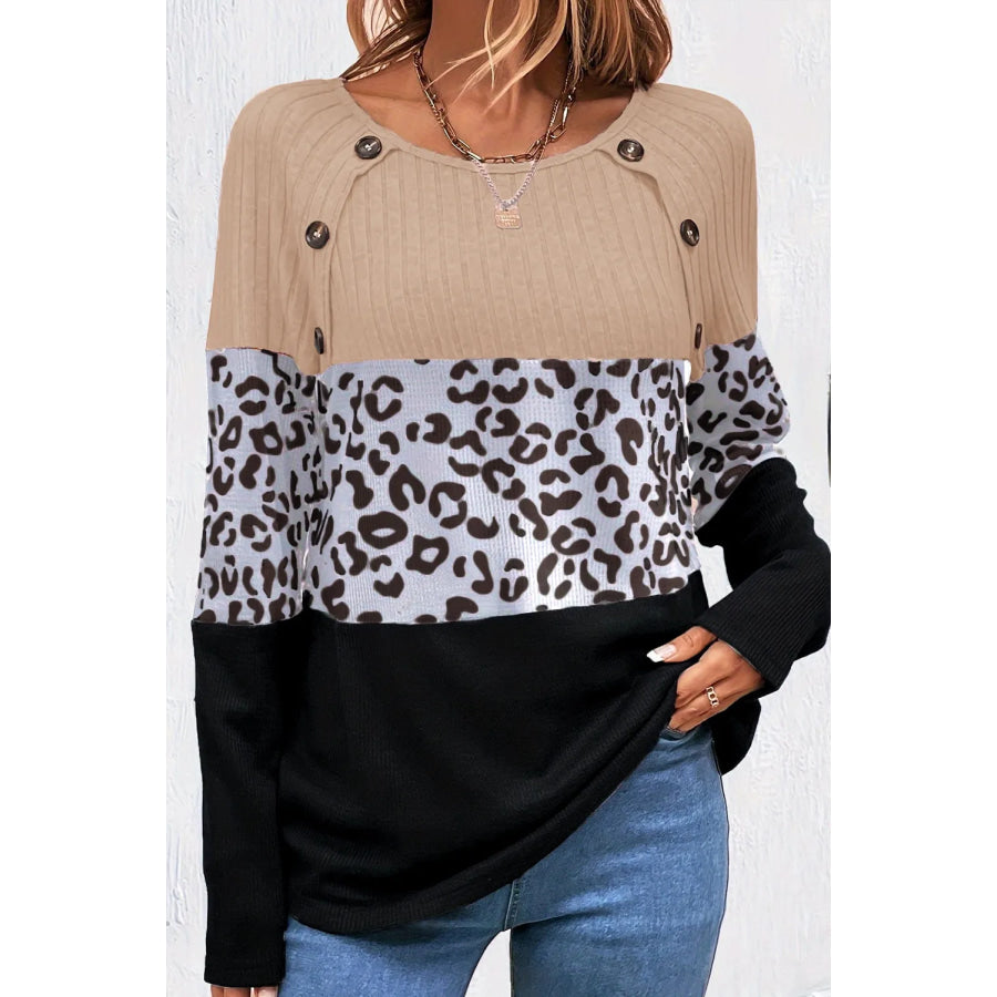 Leopard Round Neck Long Sleeve Top Apparel and Accessories