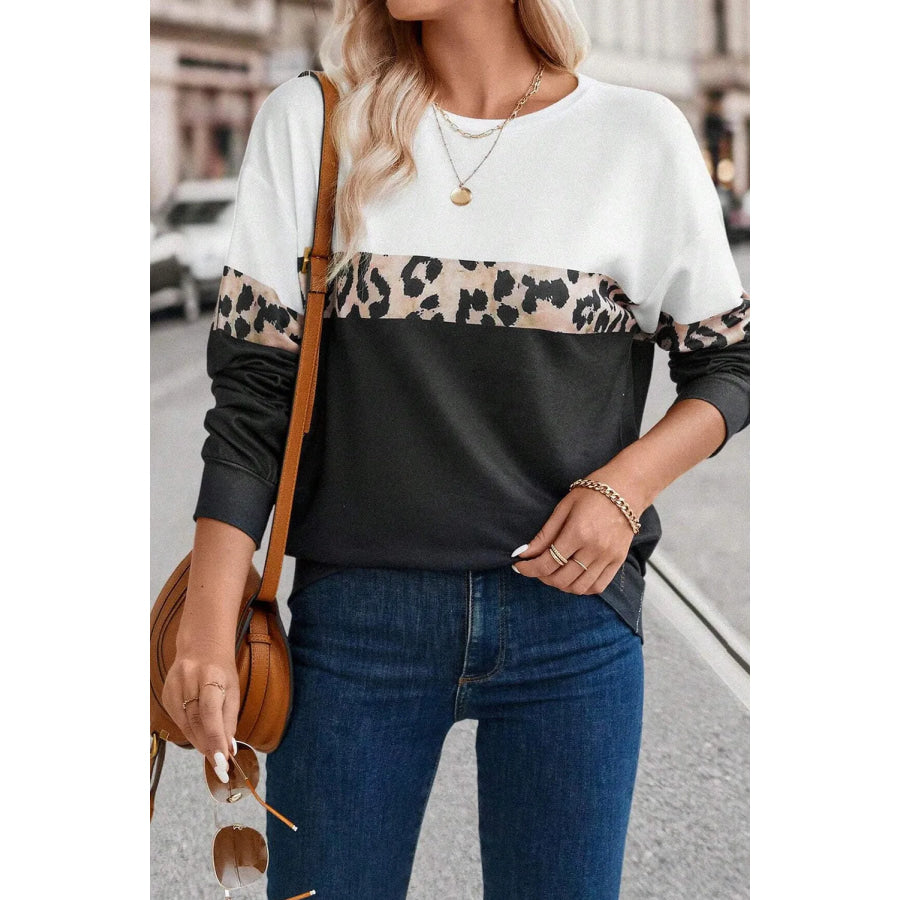 Leopard Round Neck Long Sleeve Top Apparel and Accessories