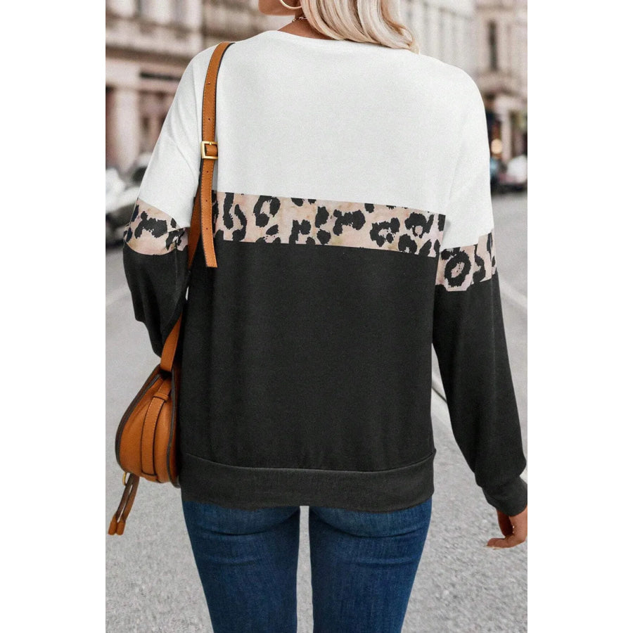 Leopard Round Neck Long Sleeve Top Apparel and Accessories