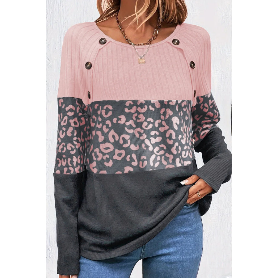 Leopard Round Neck Long Sleeve Top Apparel and Accessories