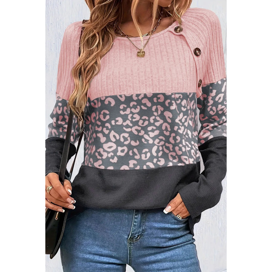 Leopard Round Neck Long Sleeve Top Blush Pink / S Apparel and Accessories