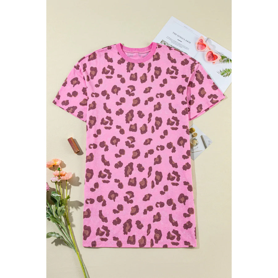 Leopard Round Neck Mini Tee Dress Pink / S Apparel and Accessories