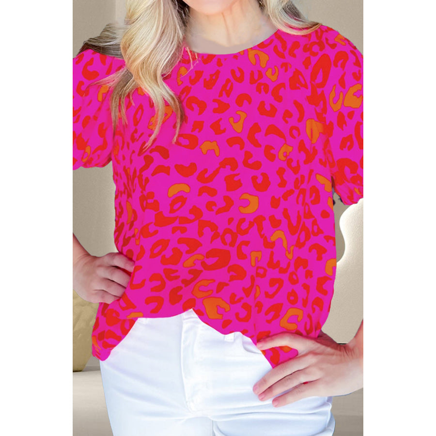 Leopard Round Neck Short Sleeve Blouse Hot Pink / S Apparel and Accessories