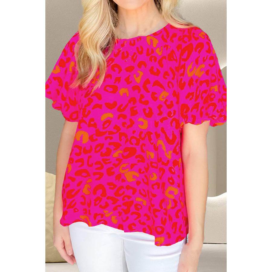 Leopard Round Neck Short Sleeve Blouse Hot Pink / S Apparel and Accessories