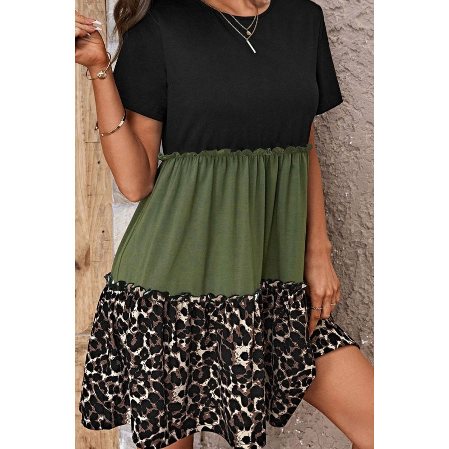 Leopard Round Neck Short Sleeve Dress Apparel and Accessories