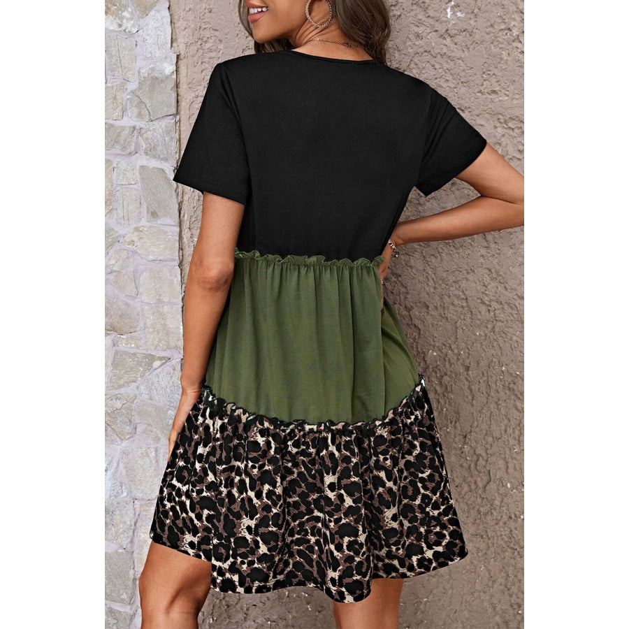 Leopard Round Neck Short Sleeve Dress Apparel and Accessories