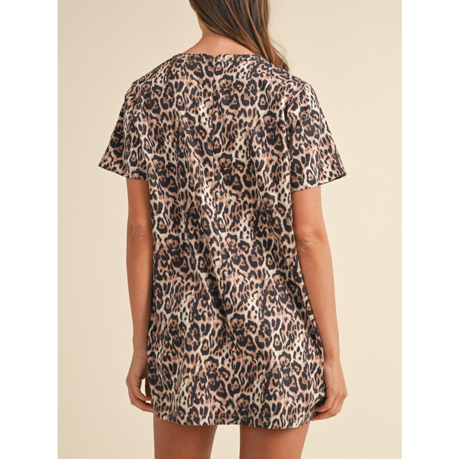 Leopard Round Neck Short Sleeve Mini Dress Apparel and Accessories