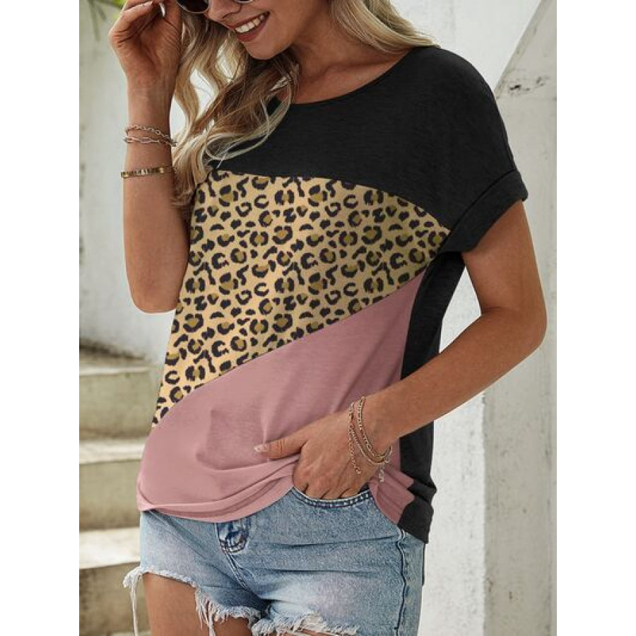Leopard Round Neck Short Sleeve T - Shirt Black / S Apparel and Accessories