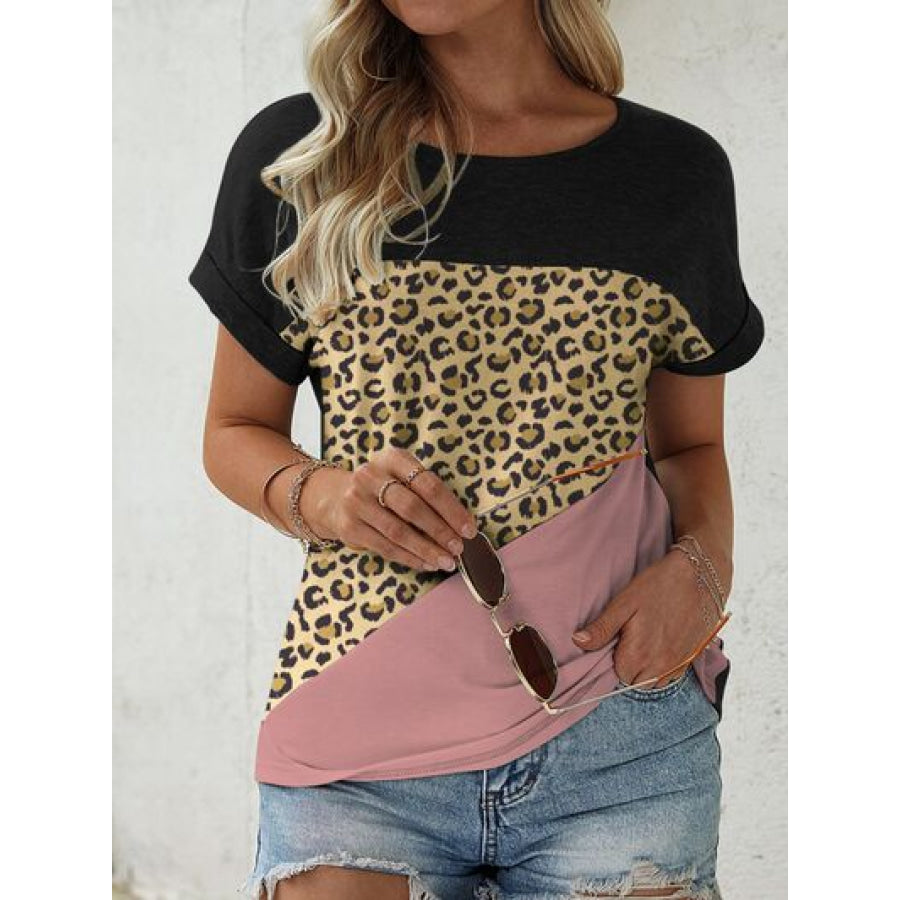 Leopard Round Neck Short Sleeve T - Shirt Black / S Apparel and Accessories