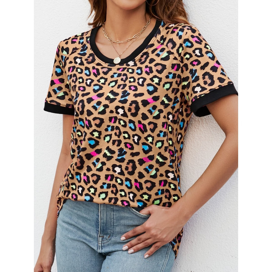 Leopard Round Neck Short Sleeve Tee Shirt Camel / S