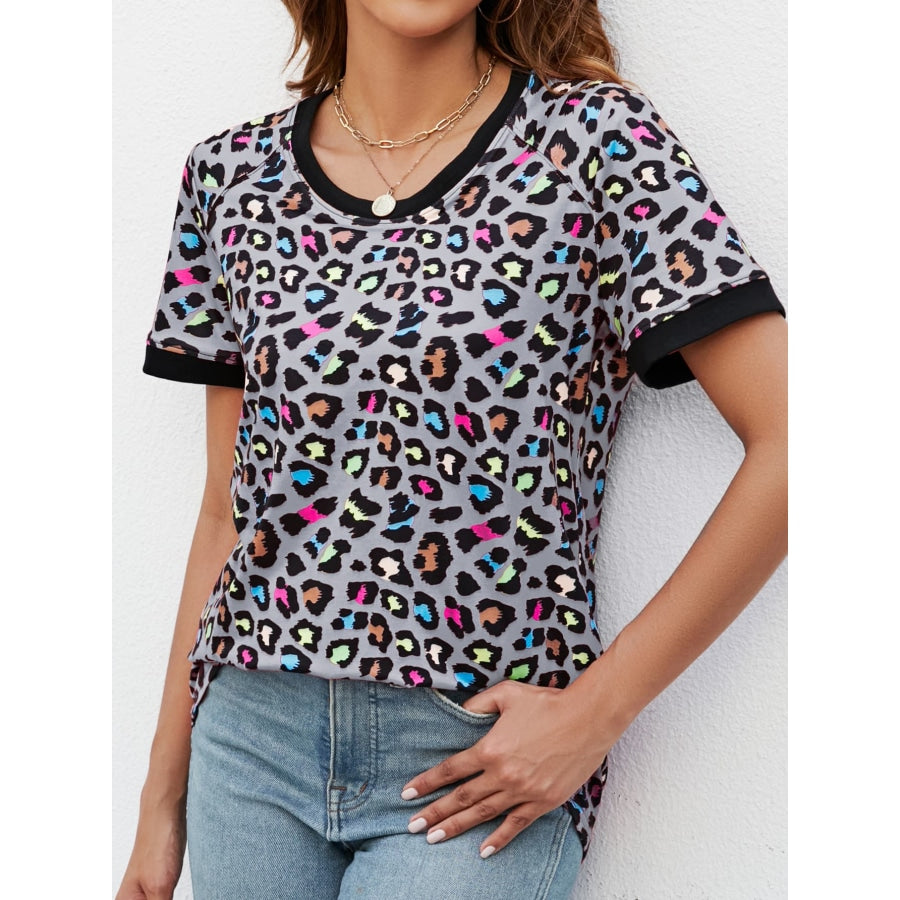 Leopard Round Neck Short Sleeve Tee Shirt Gray Dawn / S