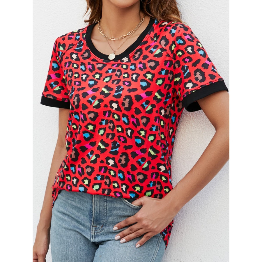 Leopard Round Neck Short Sleeve Tee Shirt Red / S