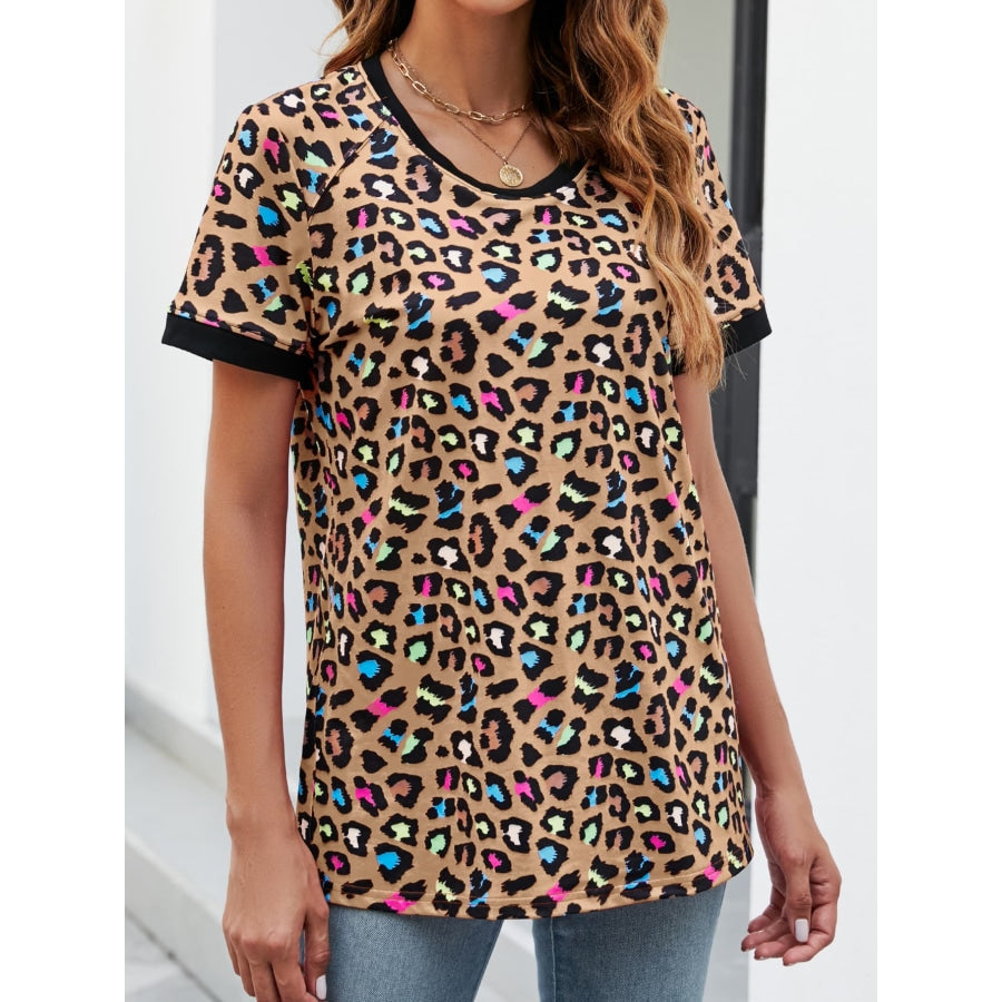 Leopard Round Neck Short Sleeve Tee Shirt