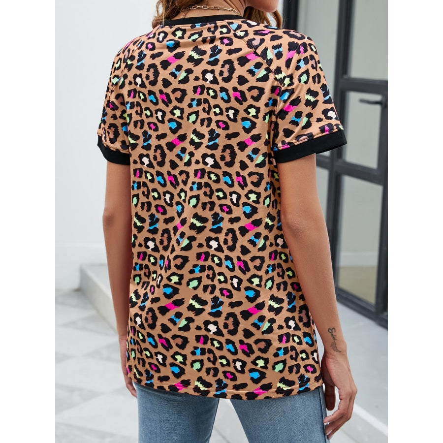 Leopard Round Neck Short Sleeve Tee Shirt