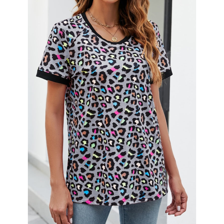 Leopard Round Neck Short Sleeve Tee Shirt