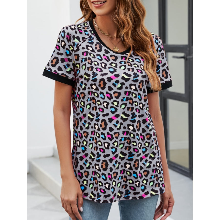 Leopard Round Neck Short Sleeve Tee Shirt