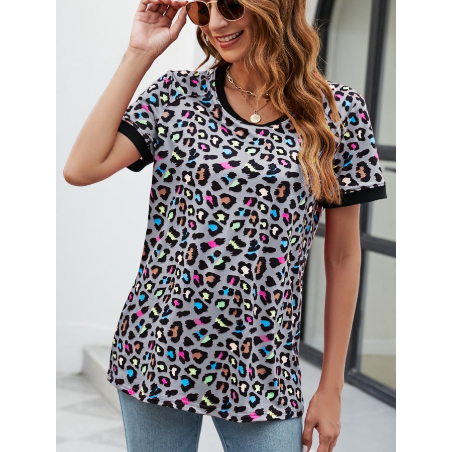 Leopard Round Neck Short Sleeve Tee Shirt