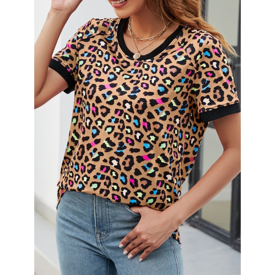 Leopard Round Neck Short Sleeve Tee Shirt