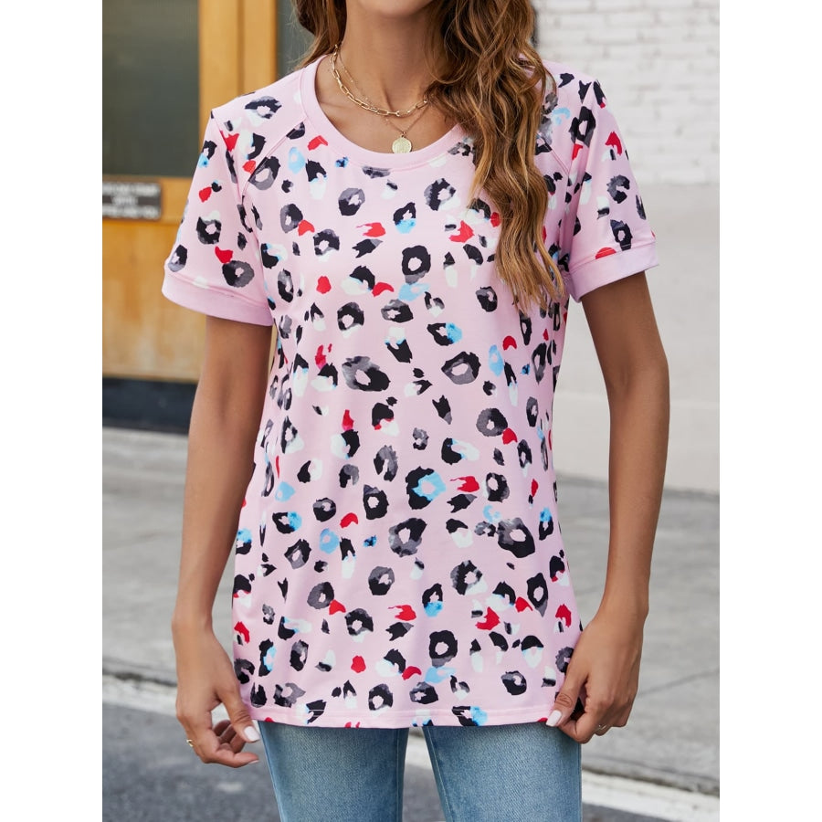 Leopard Round Neck Short Sleeve Tee Shirt