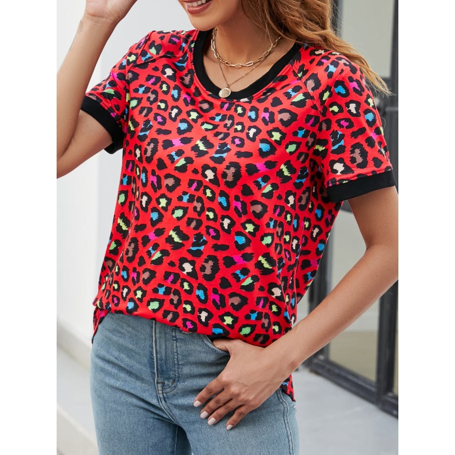 Leopard Round Neck Short Sleeve Tee Shirt