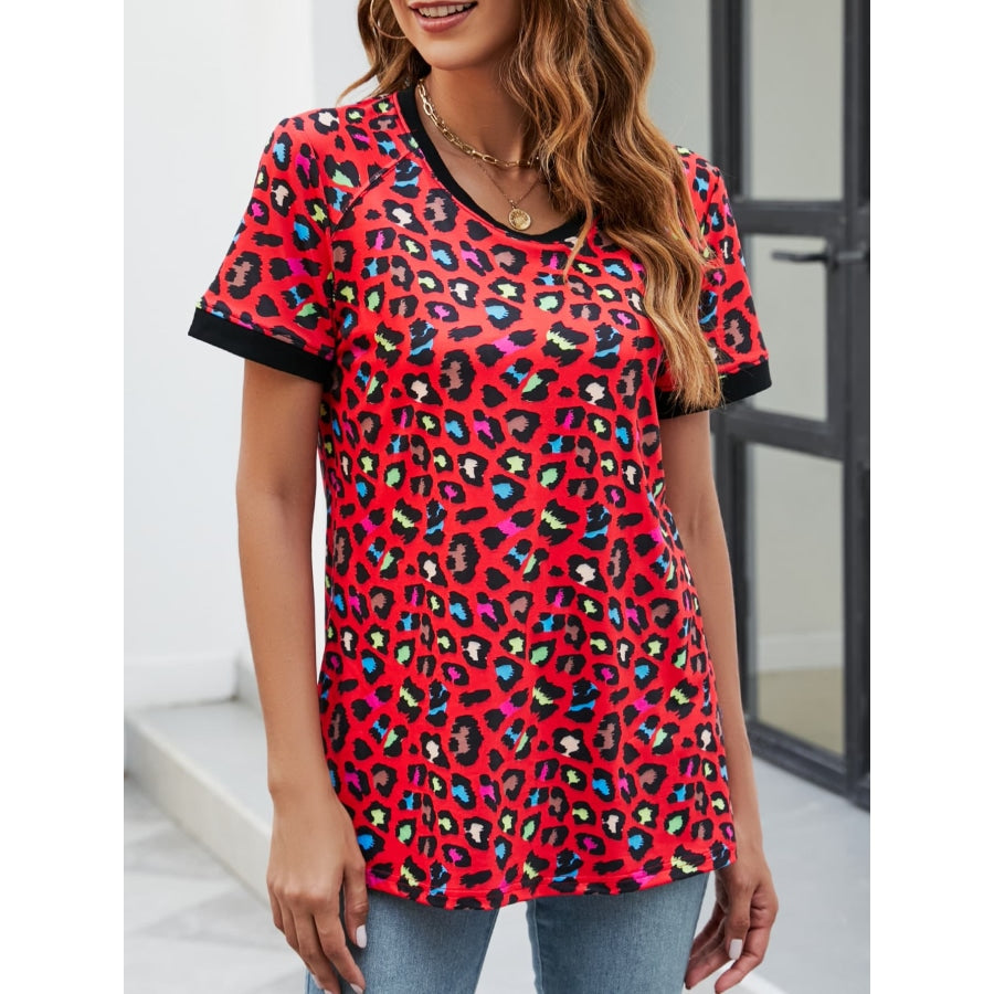 Leopard Round Neck Short Sleeve Tee Shirt