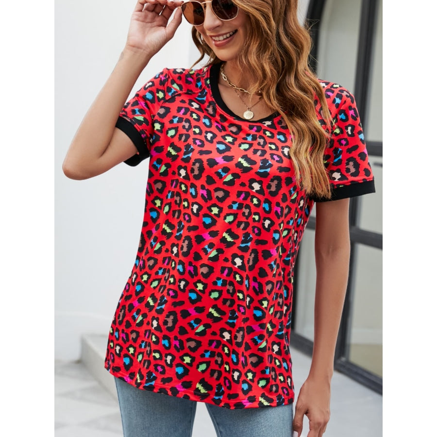 Leopard Round Neck Short Sleeve Tee Shirt