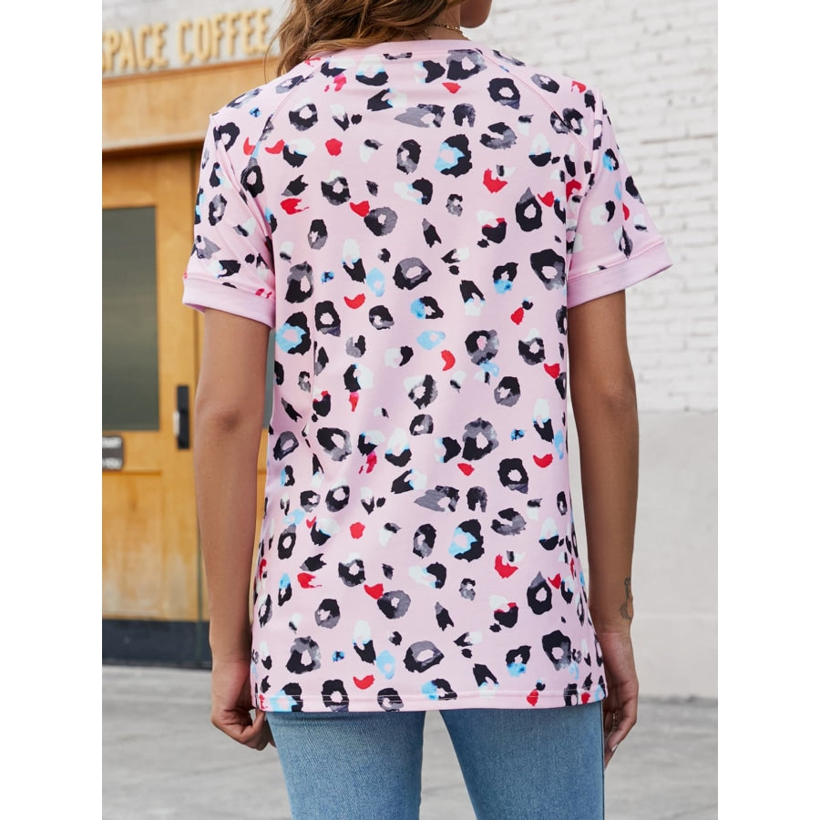 Leopard Round Neck Short Sleeve Tee Shirt