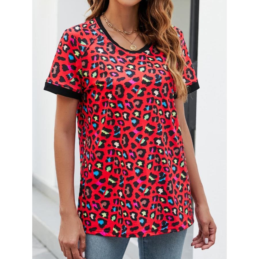 Leopard Round Neck Short Sleeve Tee Shirt