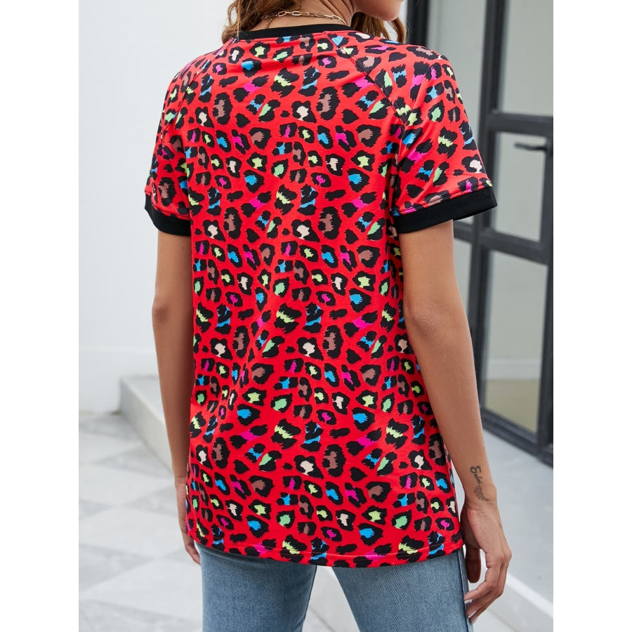 Leopard Round Neck Short Sleeve Tee Shirt