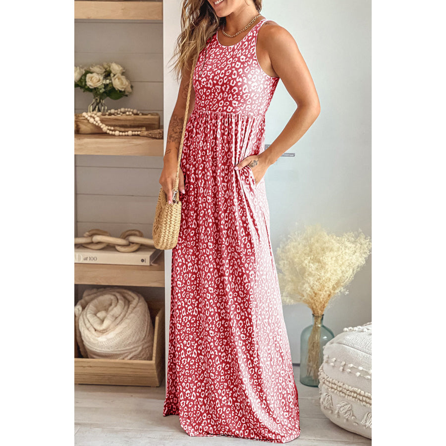 Leopard Round Neck Sleeveless Maxi Dress Apparel and Accessories